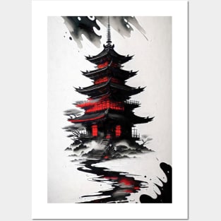 Japan Ink Style Temple Posters and Art
